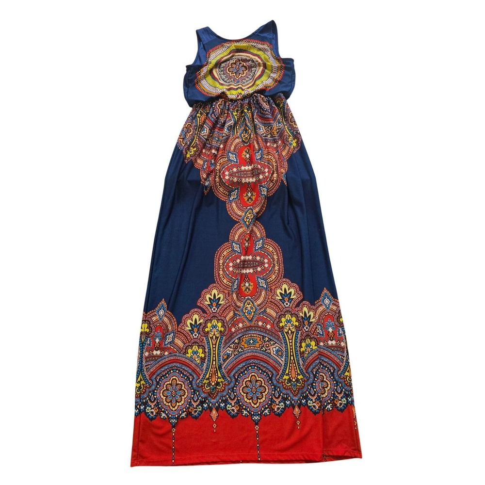 Bailey Blue Maxi Dress Small Navy Red Boho Medallion Paisley Sleeveless - Picture 3 of 7